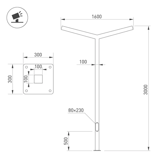 Фото #2 товара Опора OXOR-STER-Y-2000x100x100-L3000-70W Warm3000 (BK, 230V) IP65 (Arlight, Сталь)